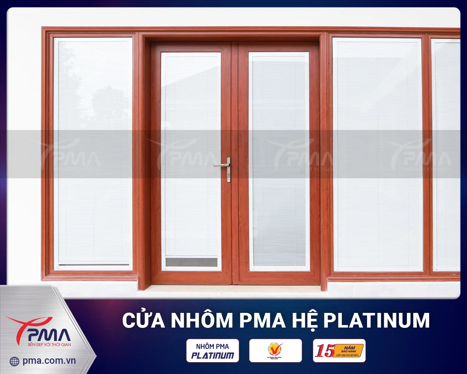 Cửa đi mở quay hệ Phào kép PMA Platinum màu vân gỗ